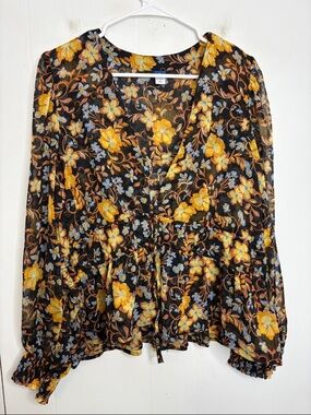 Old Navy Top Womens XL Dark Florals V Neck Peplum Blouse Semi Sheer Smocked